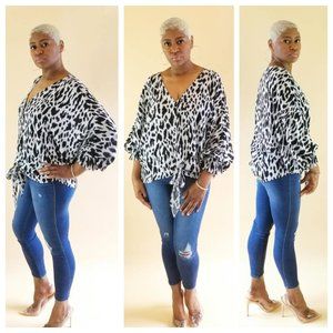 Leopard Tie Front Blouse Grey